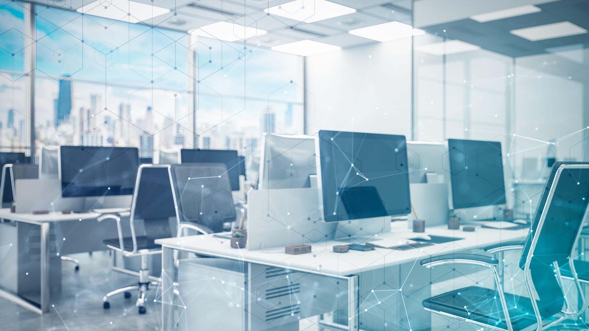 Modern Office with Computers with Abstract Blue Network Foreground